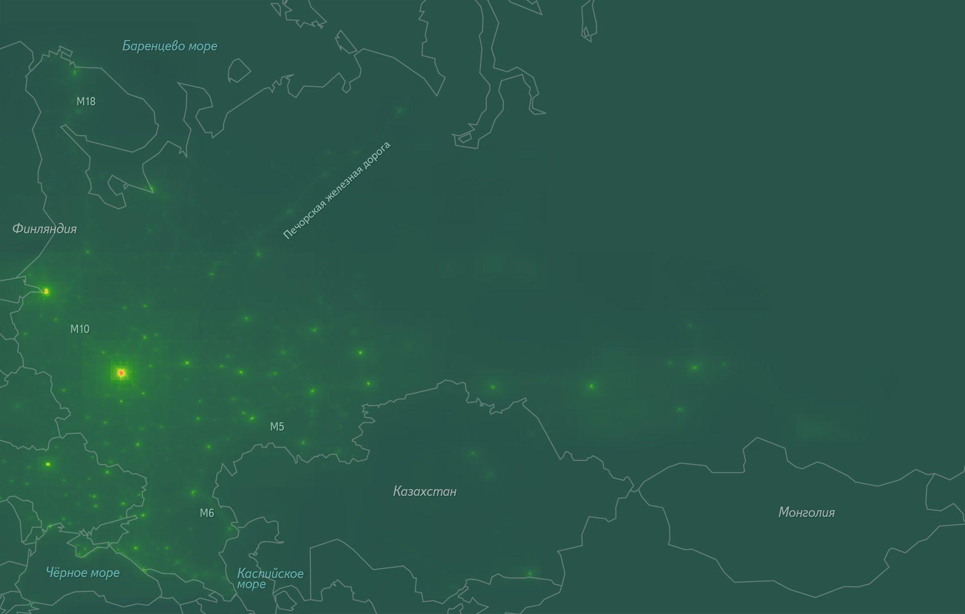 Популярность разных участков схемы европейской части России на Яндекс.Картах (чем ярче участок, тем чаще его просматривают) Популярность разных участков схемы европейской части России на Яндекс.Картах (чем ярче участок, тем чаще его просматривают)